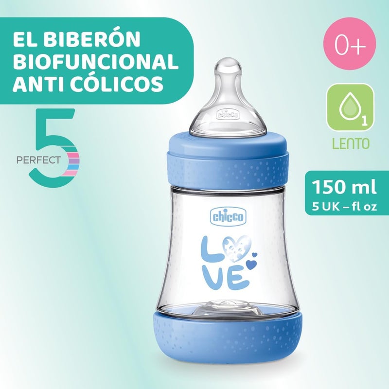 Chicco Perfect 5 Feeding Bottle 150ml Slow Flow 0m+ Silicone, Blue - Image 2